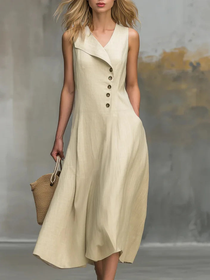 Elegantes ärmelloses Damen Maxikleid mit V-Ausschnitt, Knöpfen & A-Linie, perfekt für Sommer und Freizeit.