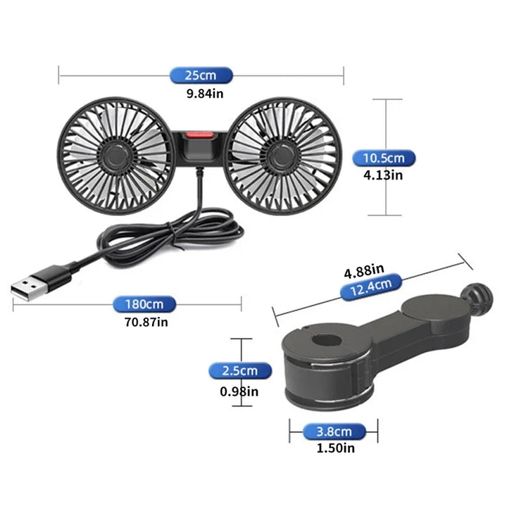 Vielseitiger USB Doppelkopf-Lüfter für Auto, PKW & Büro. 3 Geschwindigkeiten, 360° drehbar für optimale Ventilation.