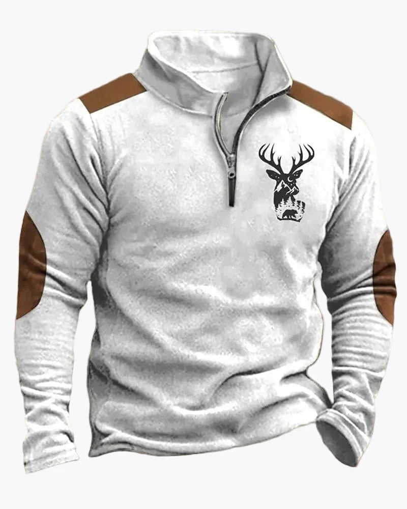 Komfortabler, robuster Herren Half-Zip Pullover mit stilvollem Hirschmotiv für Outdoor & Freizeit.