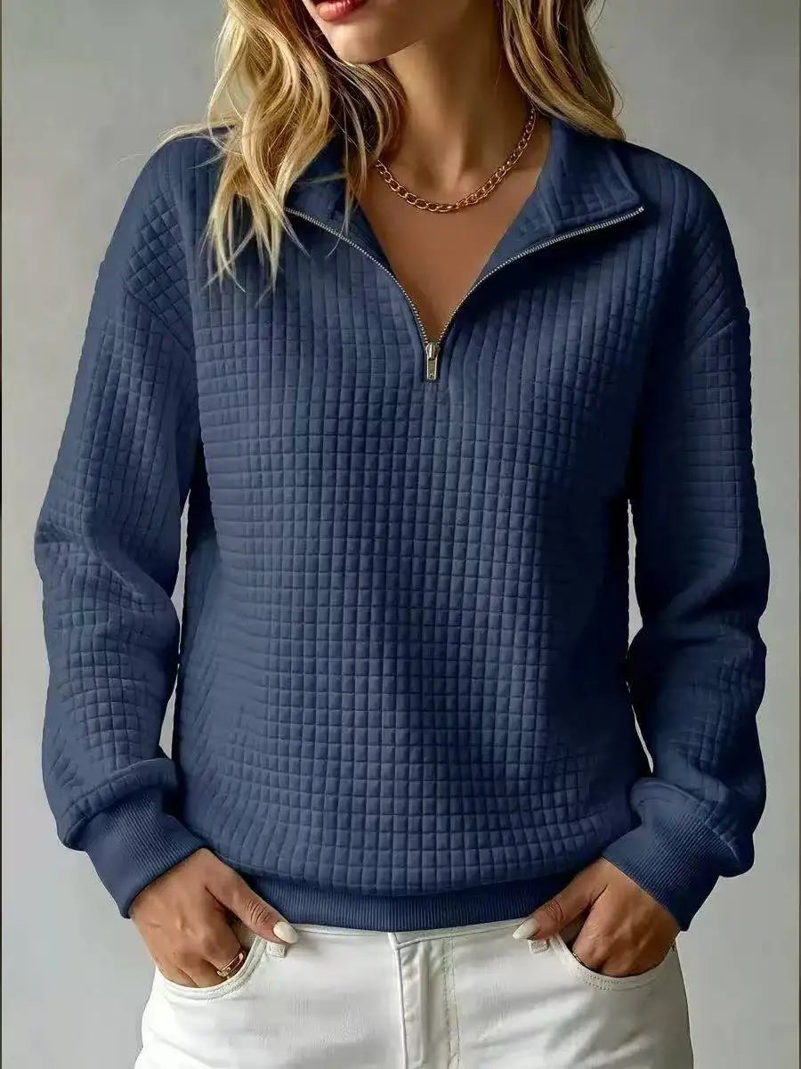 Damen Casual-Pullover mit Halbzip, gestepptes Diamantmuster. Gemütlich und modern für Freizeit & Alltag.
