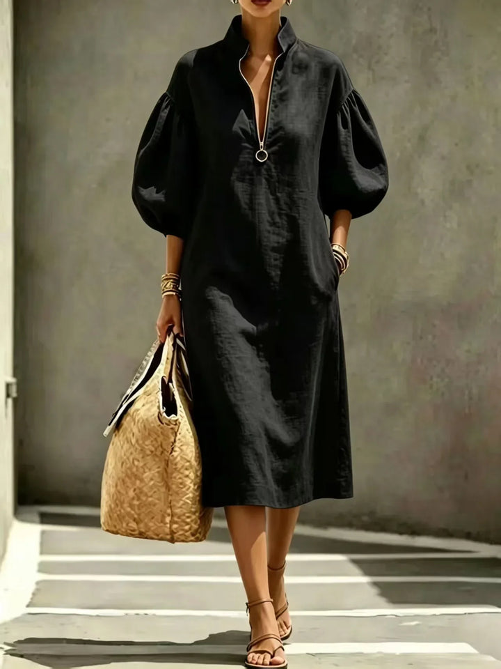 Vielseitiges Damen Midikleid für den Sommer, mit Puffärmeln, ideal als Freizeit-, Business- oder Festkleid.