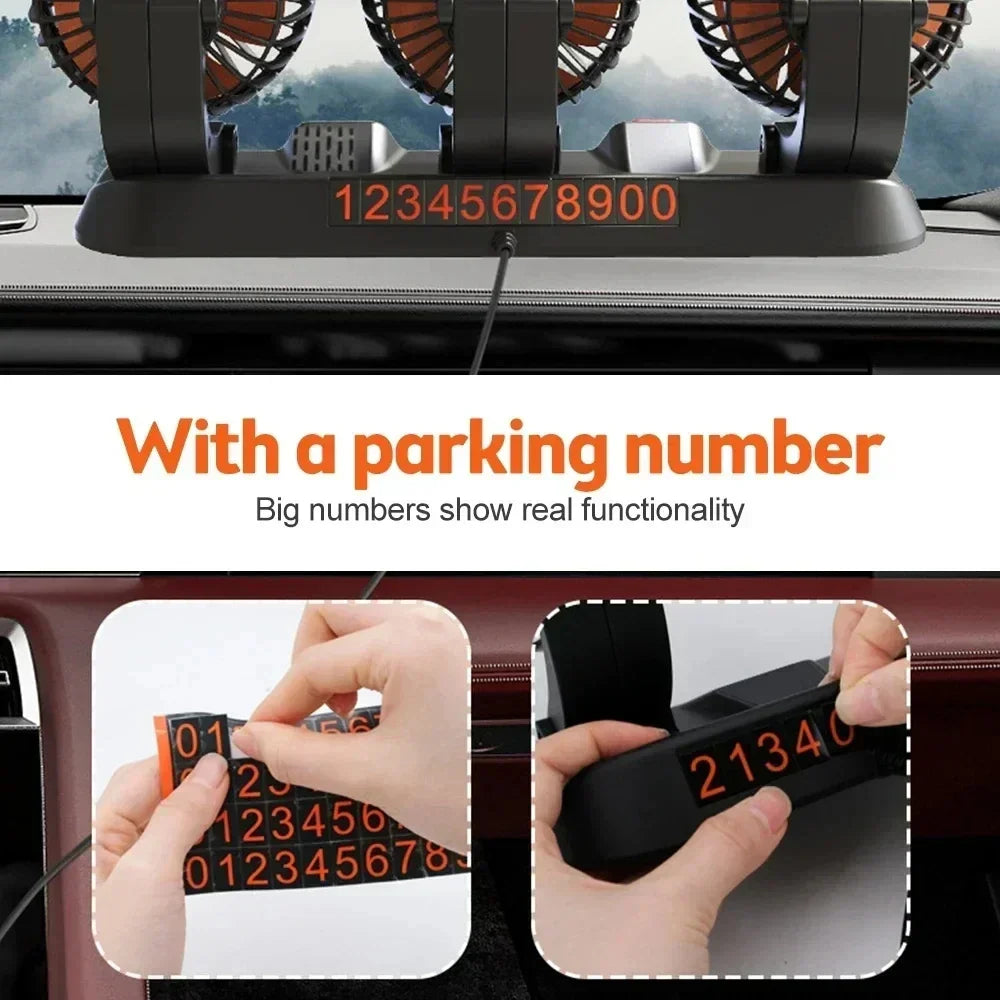 Universeller 3-Kopf-Autolüfter zur einfachen Befestigung im Fahrzeug, 360° drehbar für gezielte Erfrischung.