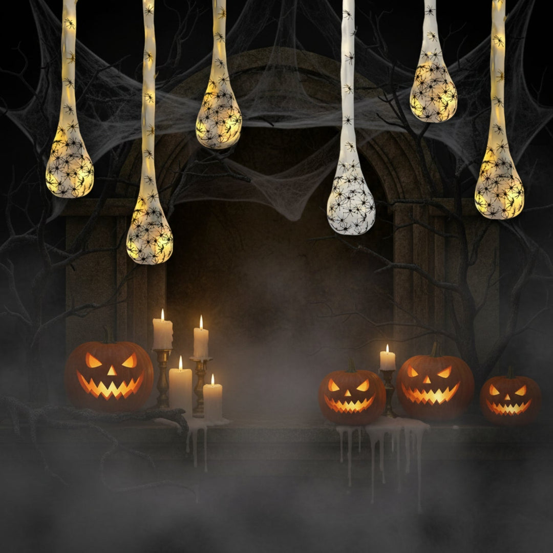 Spinnennetz-Ei-Dekoration mit LEDs (lila/warmweiß) als gruselige Halloween-Hängedeko für Fenster oder Türen.