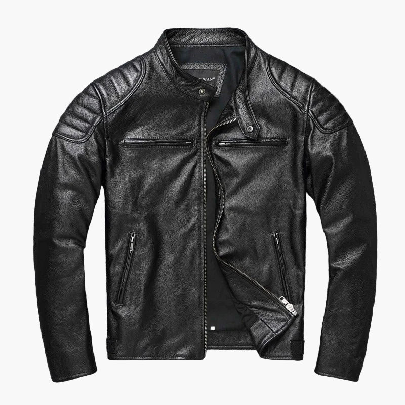 Schwarze Herren Motorradjacke im Biker-Stil, Slim Fit. Perfekte Übergangsjacke für Freizeit und urbanen Alltag.