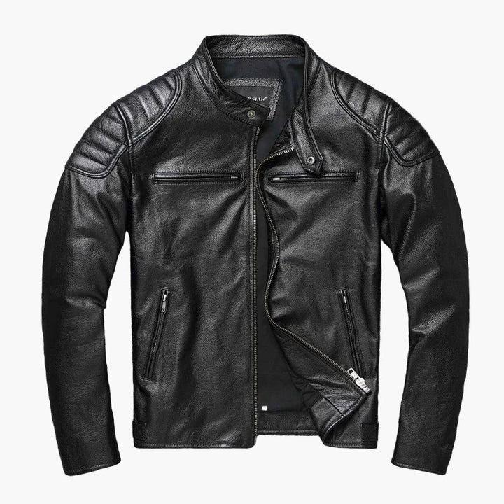Schwarze Herren Motorradjacke im Biker-Stil, Slim Fit. Perfekte Übergangsjacke für Freizeit und urbanen Alltag.
