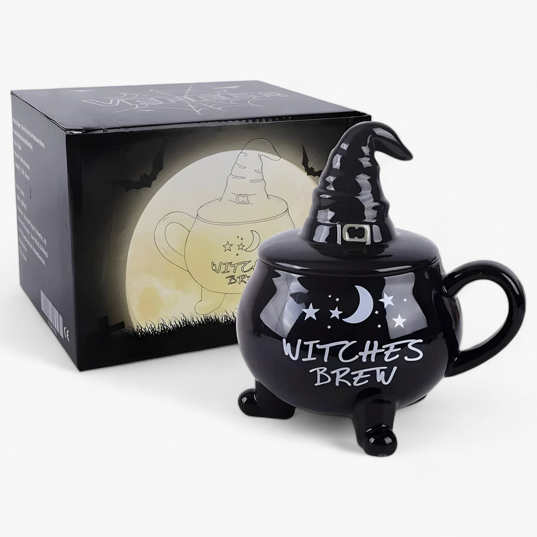Detailansicht der schwarzen Hexenkessel Keramiktasse. Eine perfekte Kaffee- oder Teetasse für Halloween Partys.