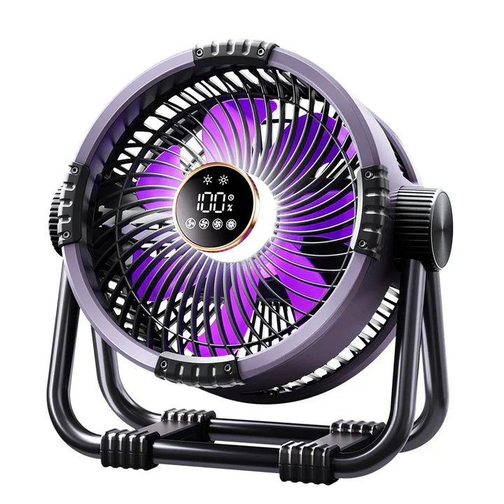 Tragbarer Campingventilator mit leistungsstarkem Akku, LED-Beleuchtung & Powerbank-Funktion für Reise.