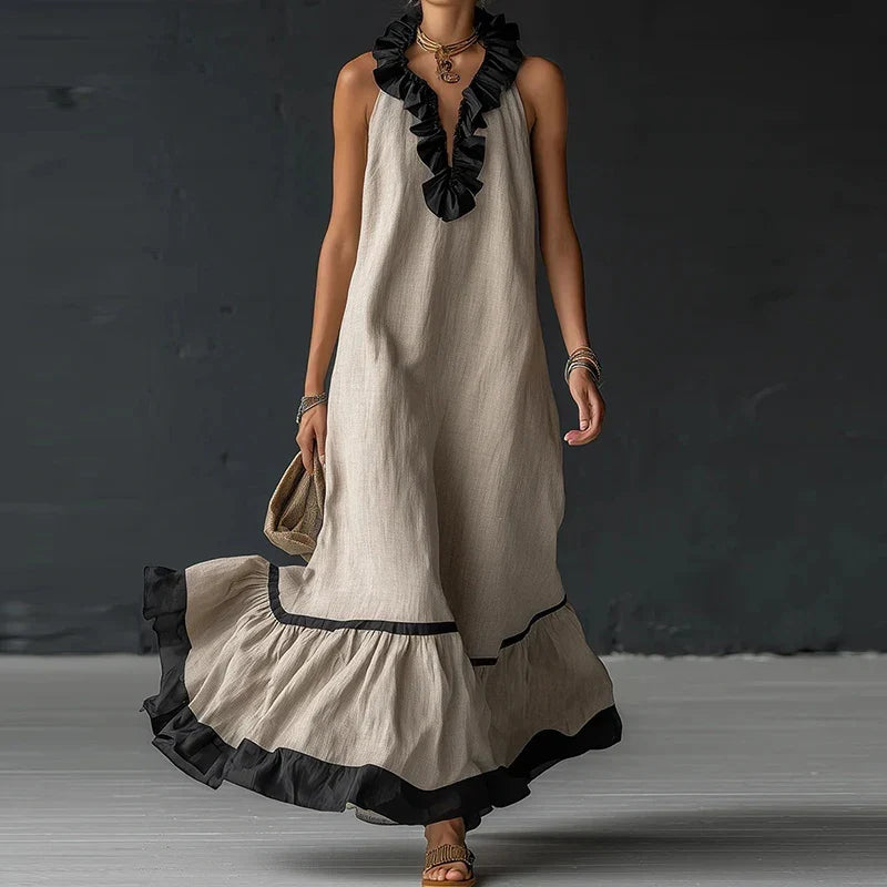 Fließendes, feminines Damen Rüschen Maxikleid, ärmellos mit V-Ausschnitt, ideal als Sommer- oder elegantes Abendkleid.