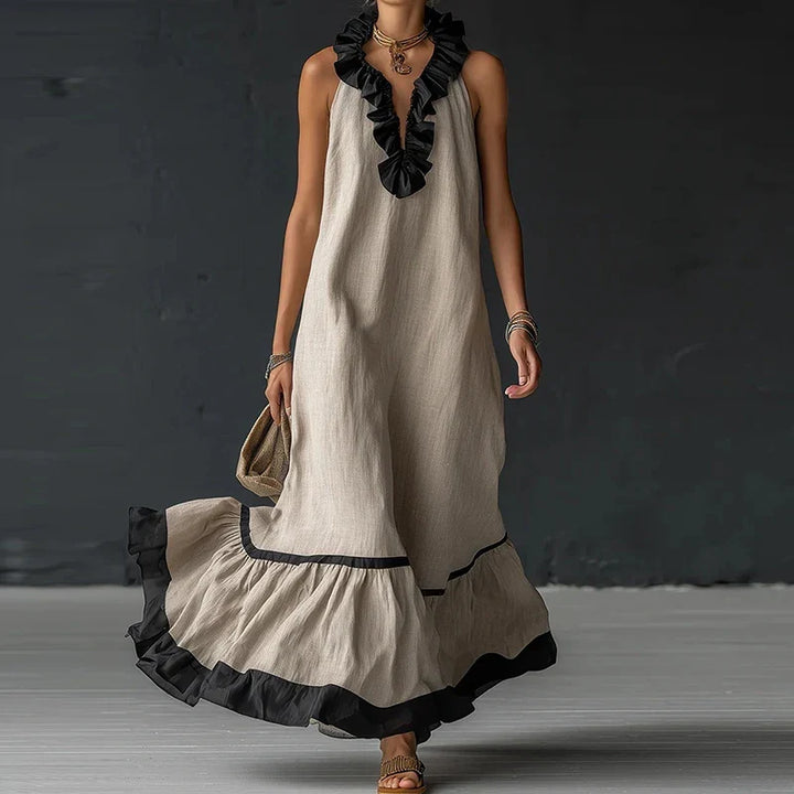 Fließendes, feminines Damen Rüschen Maxikleid, ärmellos mit V-Ausschnitt, ideal als Sommer- oder elegantes Abendkleid.