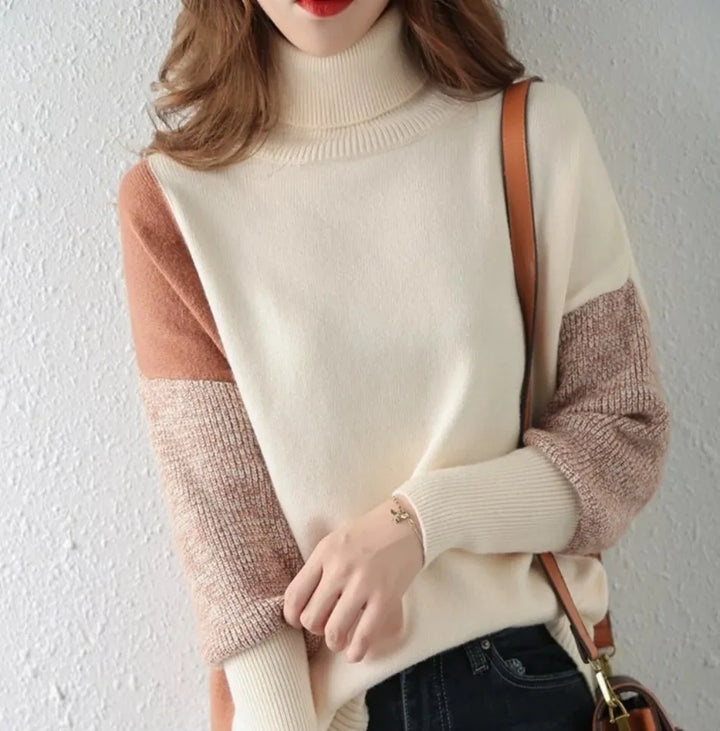 Hochwertiger Damen Rollkragenpullover, zweifarbiges Muster, stilvoll und warm für kalte Tage.