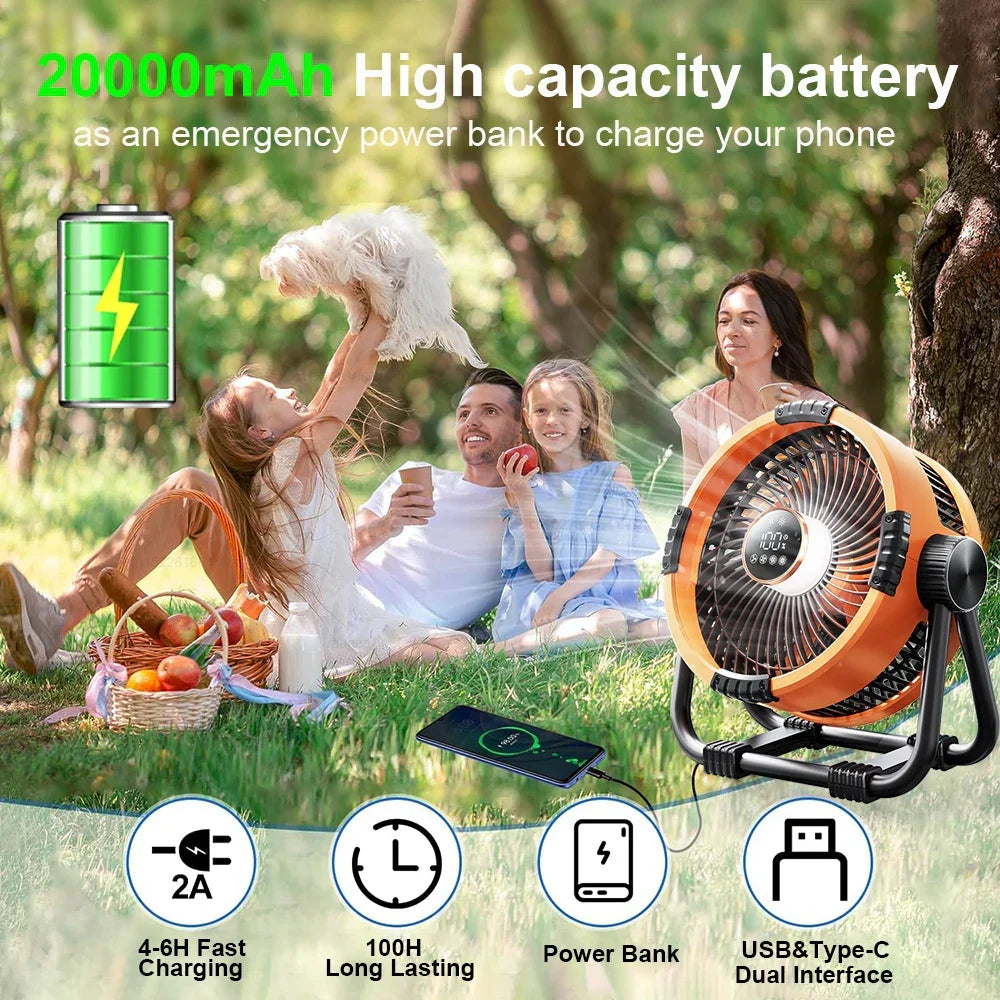 Kompakter WindMate Campingventilator mit Akku, LED-Licht, Fernbedienung, ideal für Zelte & Outdoor-Einsatz.