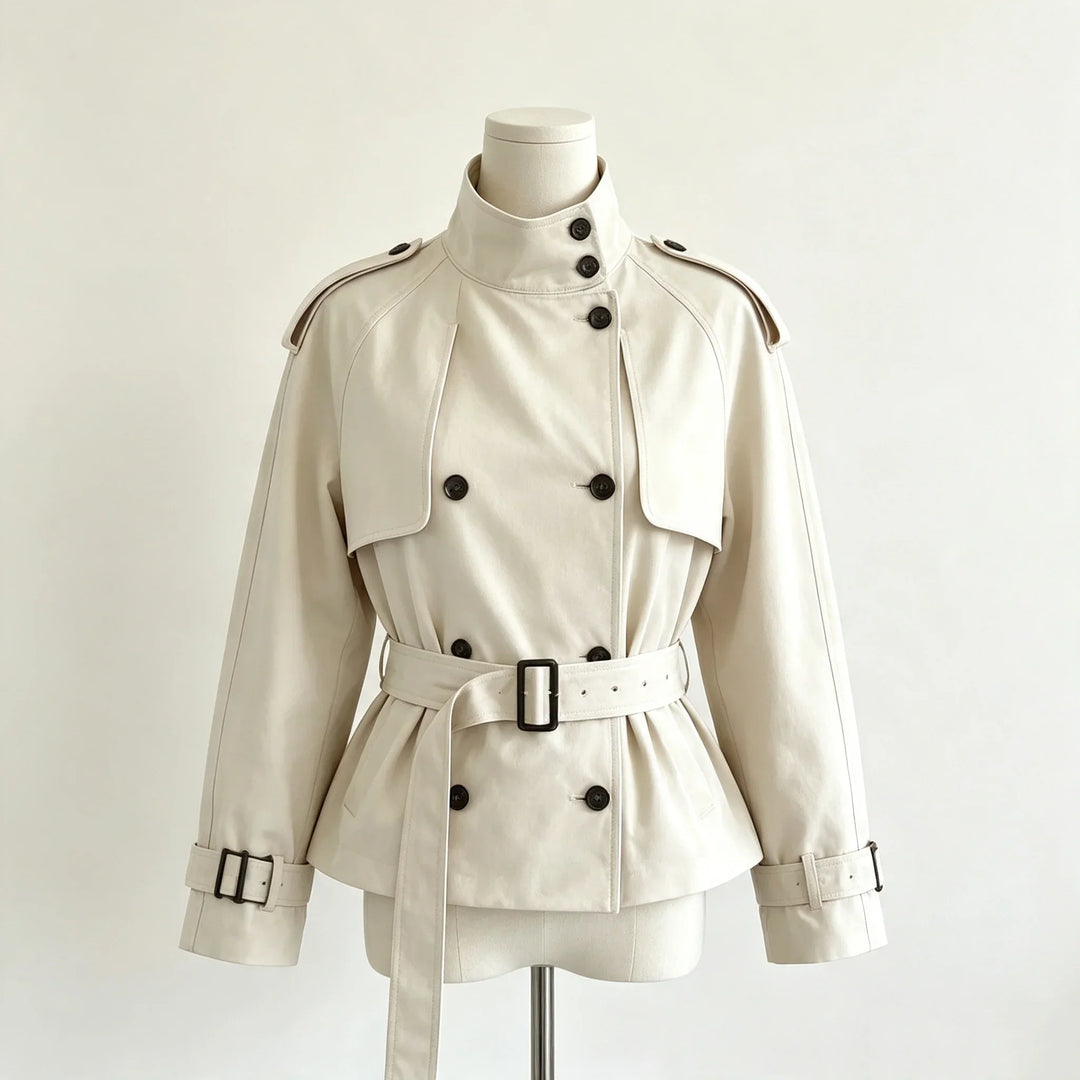 Elegante Damen Doppelreihige Jacke mit Taillengürtel, Schulterklappen. Ideal für Büro & Übergangszeit.