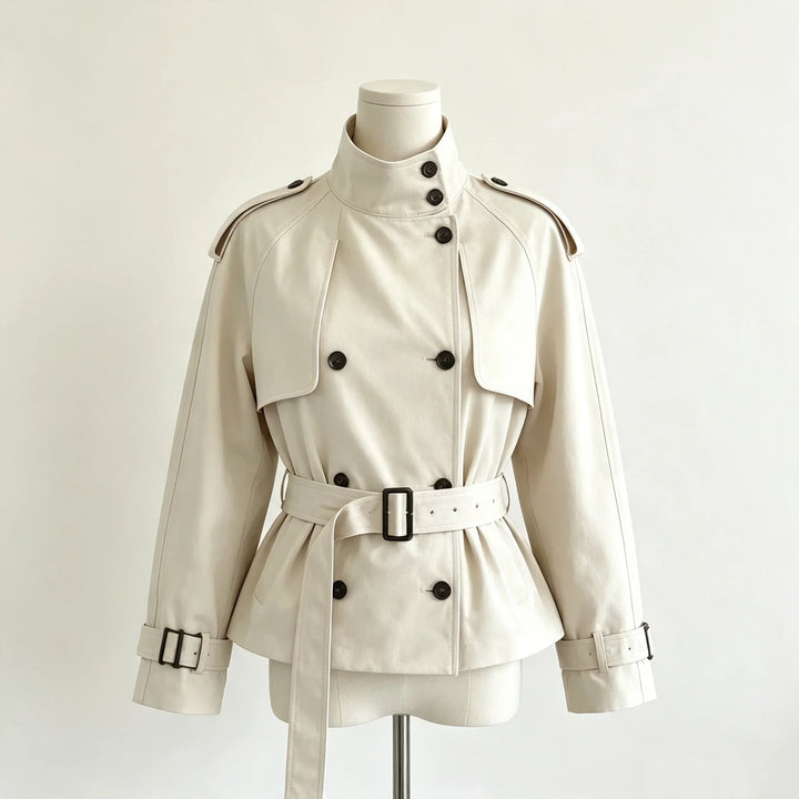 Elegante Damen Doppelreihige Jacke mit Taillengürtel, Schulterklappen. Ideal für Büro & Übergangszeit.