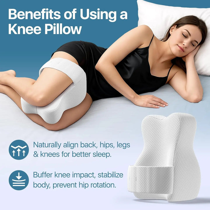 Geformtes orthopädisches Kniekissen aus Memory-Schaum für Seitenschläfer, ergonomisch für Hüft- und Knieentlastung.