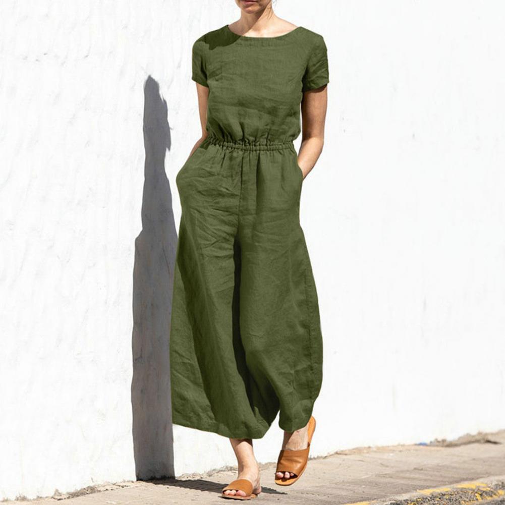 Damen Sommer Jumpsuit, elegant, unifarben mit weitem Bein & Rundhals. Bequemer Einteiler für Freizeit & Reise.