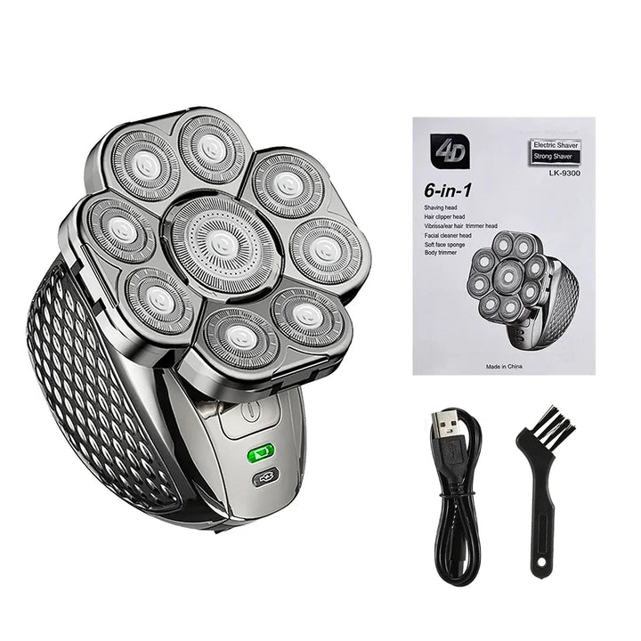 Männer 6-in-1 wasserdichter Elektrorasierer mit 9D Schwebeköpfen und LCD-Anzeige für präzise Rasur & Pflege.