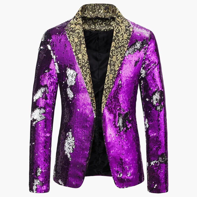 Mann trägt extravagantes Herren Pailletten Sakko, ideal als Party Blazer oder Bühnenkleidung.