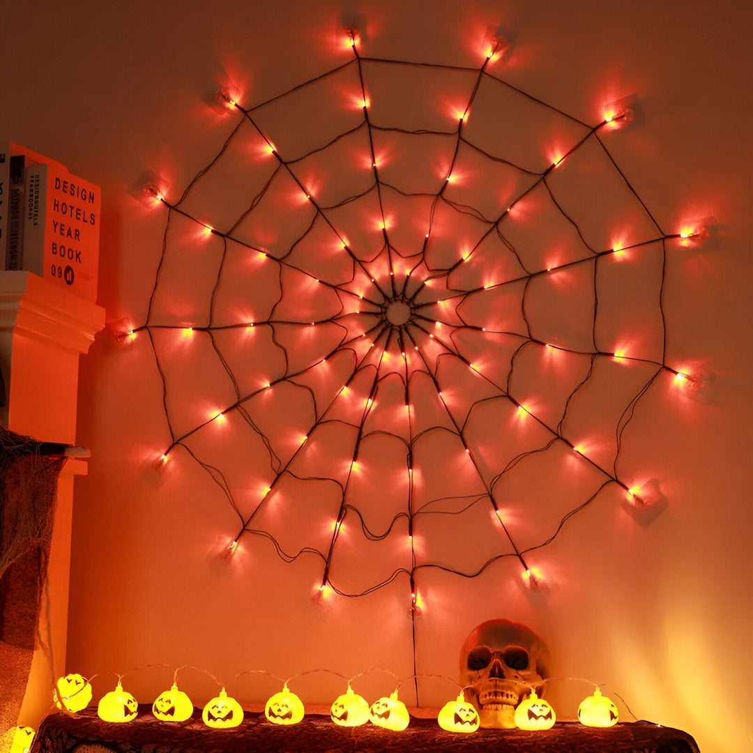 Flexibles LED Spinnennetzlicht. USB- oder batteriebetrieben für vielseitige Halloween-Deko. Saisonale Beleuchtung.