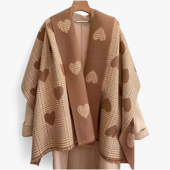 Frauenaccessoire: Eleganter Wendeschal mit Herztmuster und Karomuster, Kaschmir-Imitat, in Khaki/Schwarz.