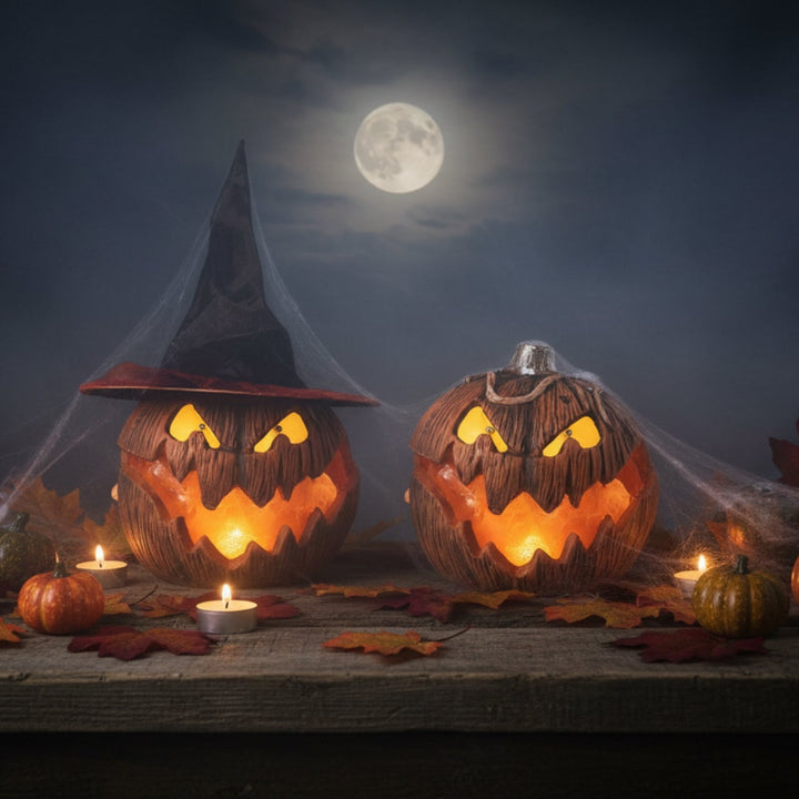 Detailreiche LED-Kürbislaterne mit lebendigem Flammeneffekt, perfekt als Stimmungslicht für Halloween.