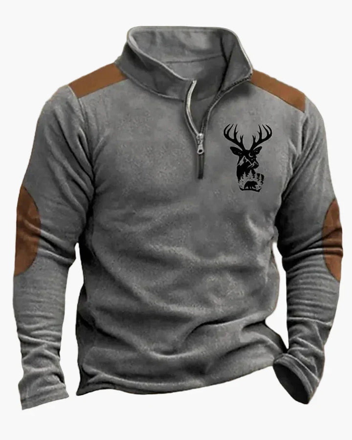 Jagd Pullover für Herren mit Half-Zip und detailliertem Hirschmotiv. Perfekt für Herbsttage.