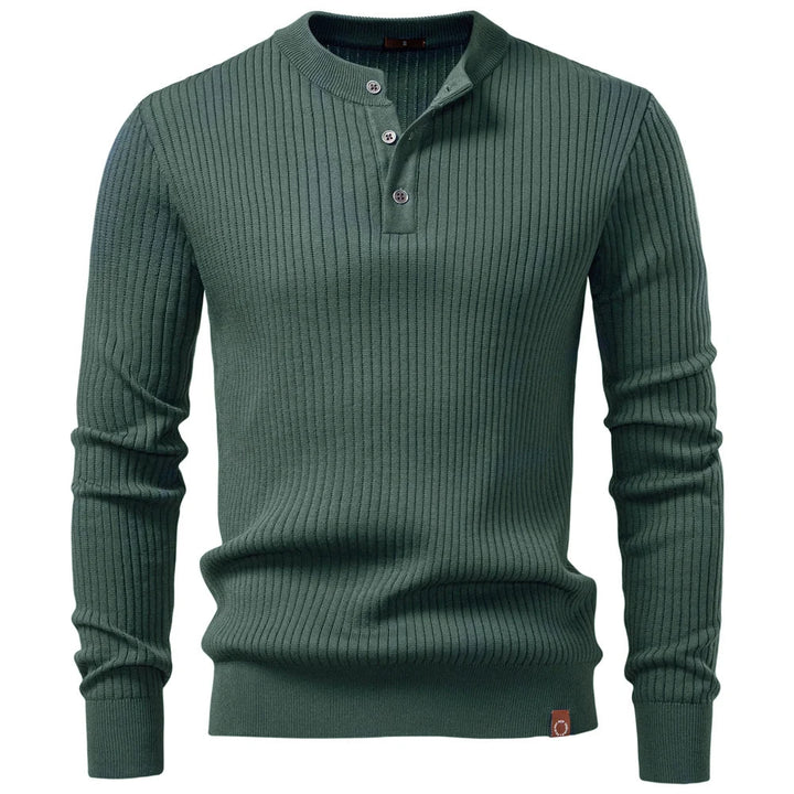 Stilvoller Herrenpullover gerippt, Langarm mit Knopfleiste. Perfekt für Herbst- & Wintermode.