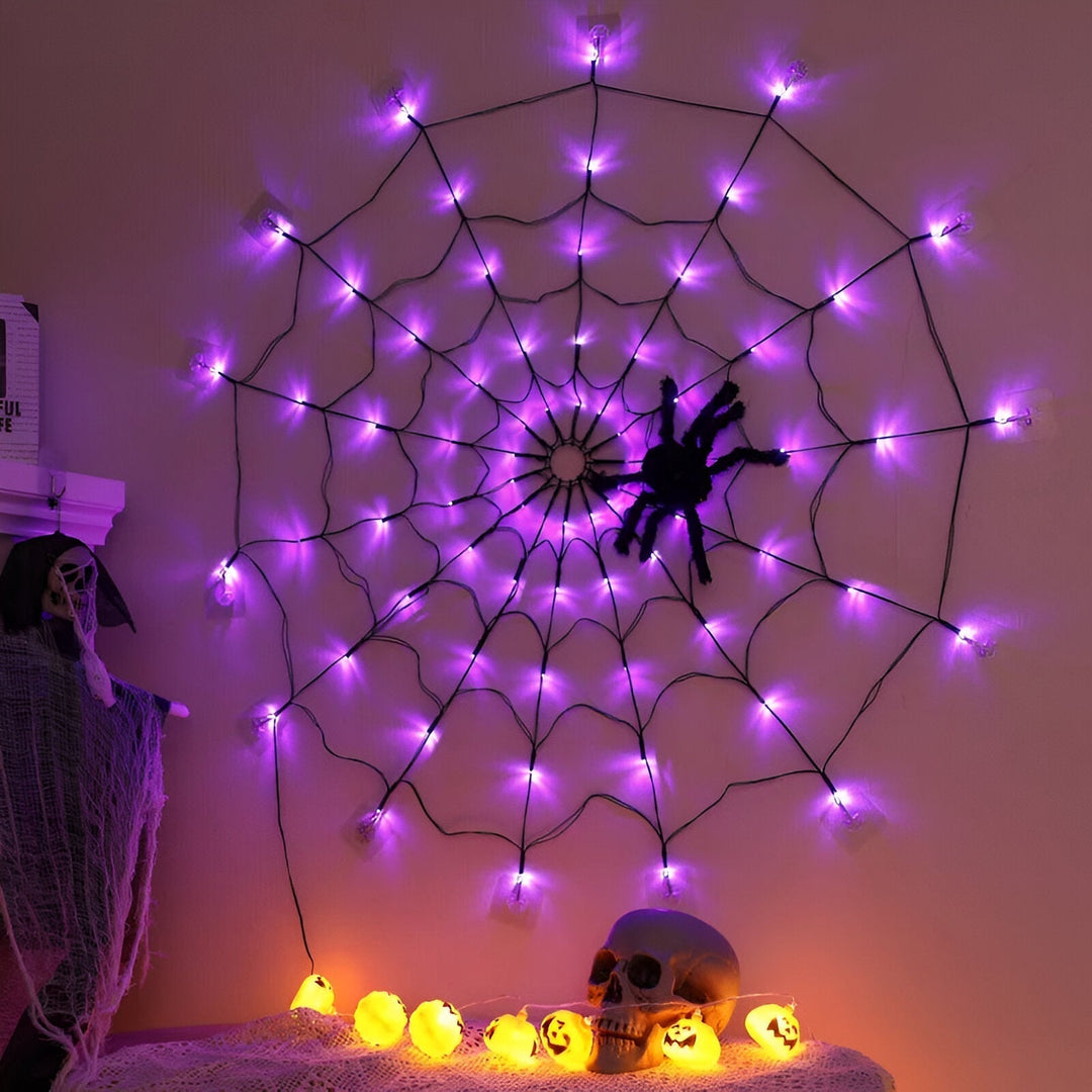 Beleuchtetes LED Spinnennetzlicht. Beeindruckende Gruseldeko & Partybeleuchtung für jede Halloween-Feier.
