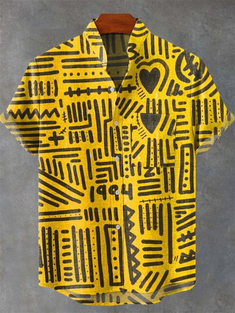 Modernes Herren Kurzarmhemd im Bohemian-Muster, ideal für Sommer, Sonne, Strand und Freizeit.