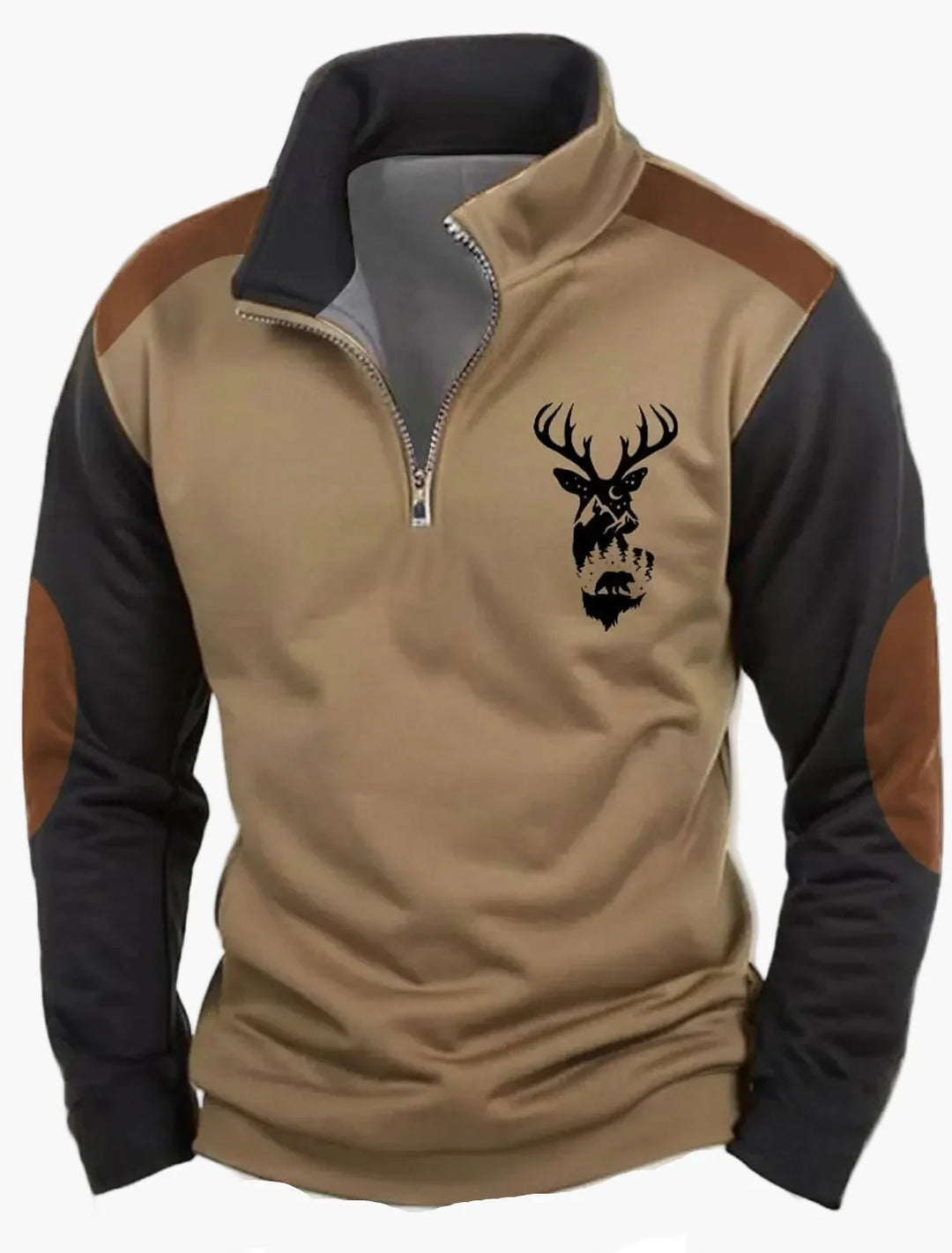 Herren Half-Zip Pullover mit Hirschmotiv. Robust & komfortabel für Herbst und Winter.