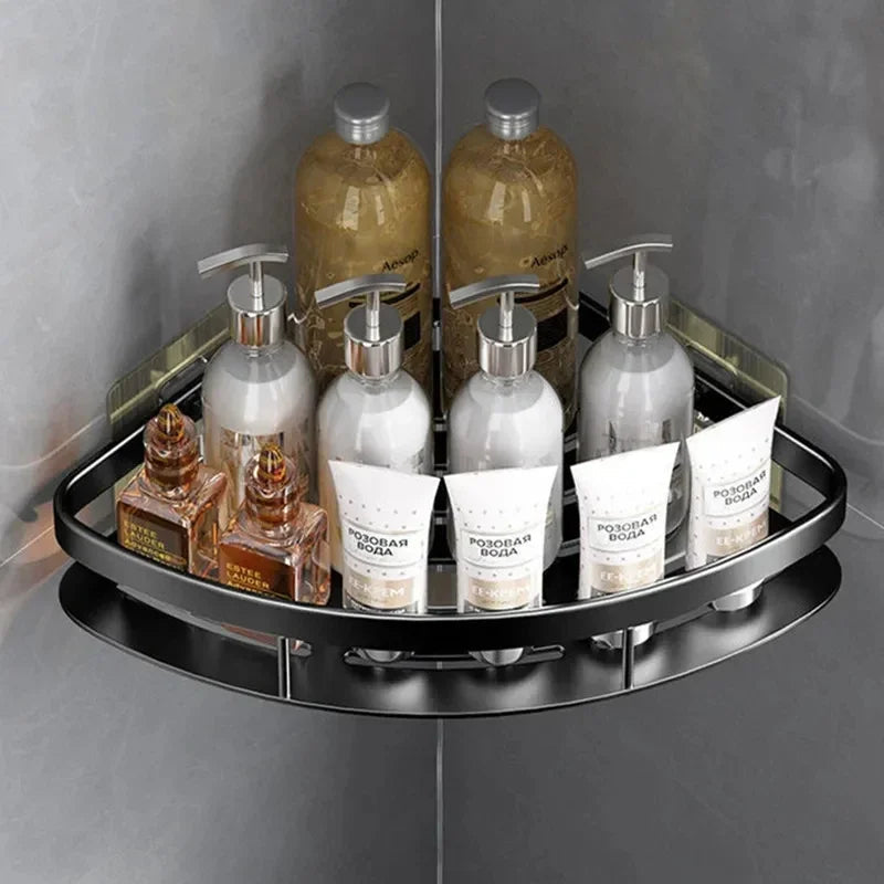 Praktisches Badezimmer Eckregal aus Aluminium, ohne Bohren, zur einfachen Organisation von Duschzubehör & Pflegeprodukten.