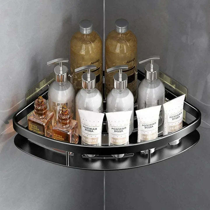 Praktisches Badezimmer Eckregal aus Aluminium, ohne Bohren, zur einfachen Organisation von Duschzubehör & Pflegeprodukten.