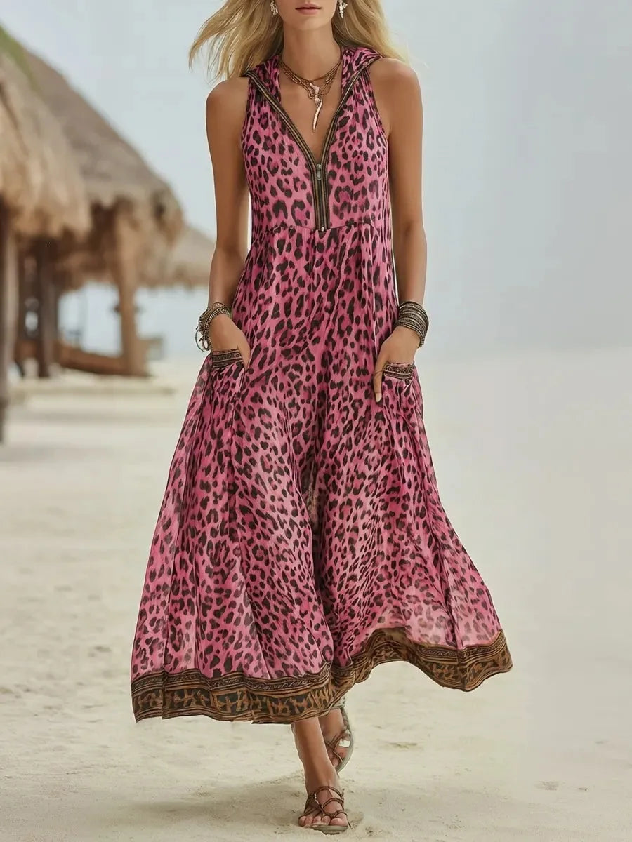 Auffälliges Damen Leopardenmuster Maxikleid mit tiefem V-Ausschnitt. Ideales Freizeit- & Urlaubskleid.