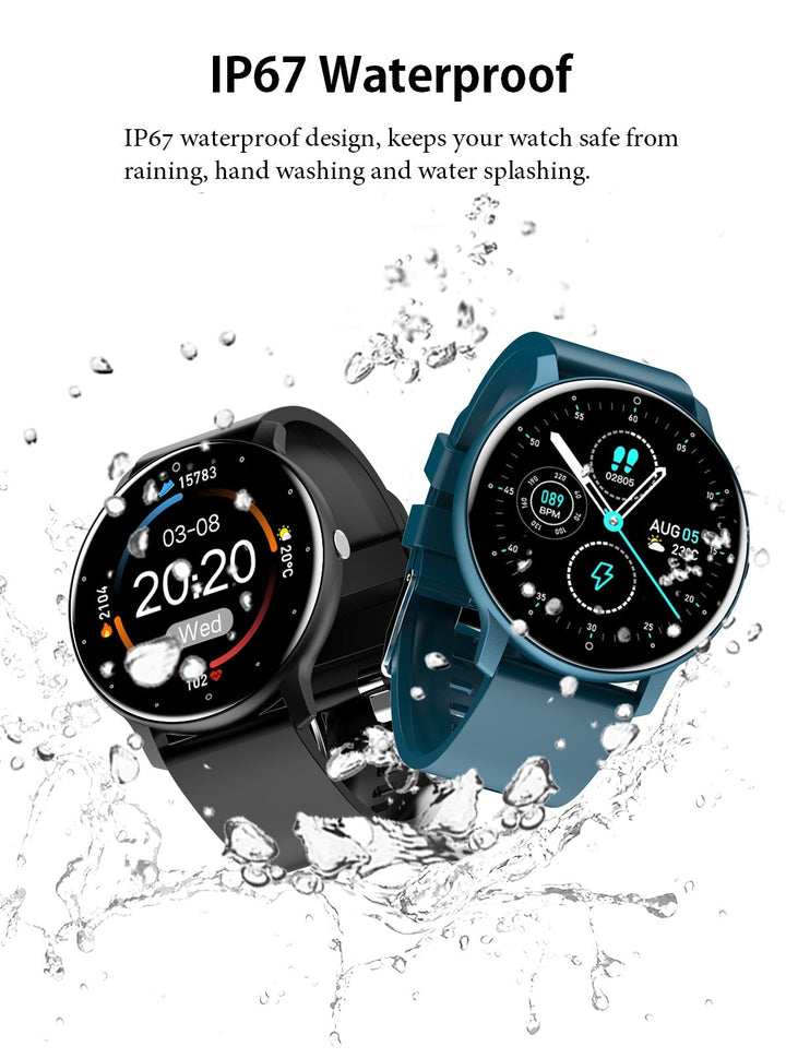 Nahaufnahme einer modernen Unisex Smartwatch mit klarem Display, das Fitnessdaten und Benachrichtigungen zeigt.