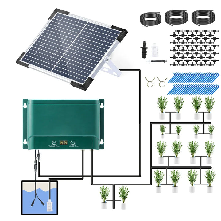 AquaFlow Solar-Bewässerungssystem, perfekt für Balkon & Terrasse, spart Wasser und Zeit bei der Pflanzenpflege.
