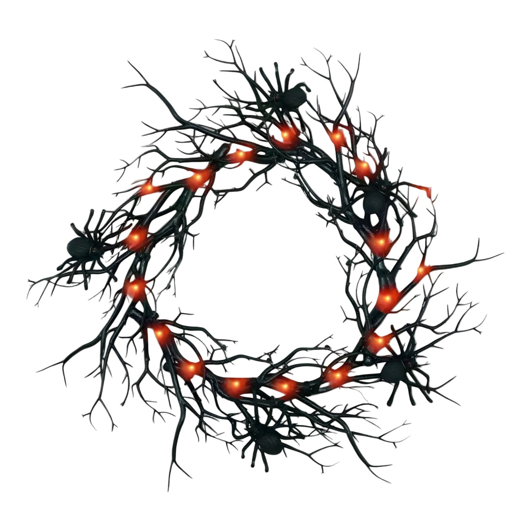 Gruseliger LED Halloween Kranz mit Fledermäusen & Spinnen. Beleuchtete Hängedeko für eine schaurige Halloween Party.