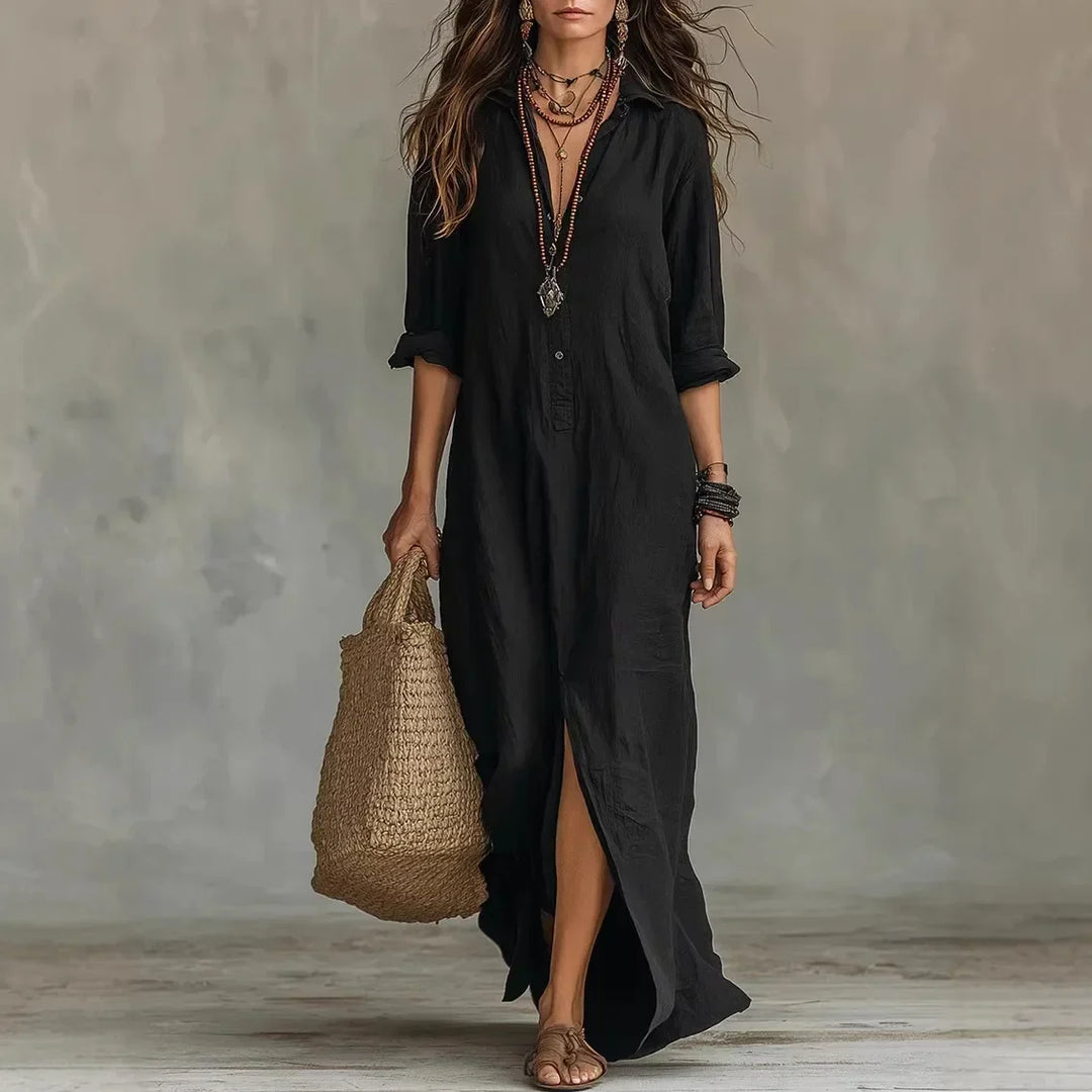 Entspanntes Damen Maxikleid, lässig, langarm, lockerer Schnitt, ideal für Freizeit und entspannten Komfort.