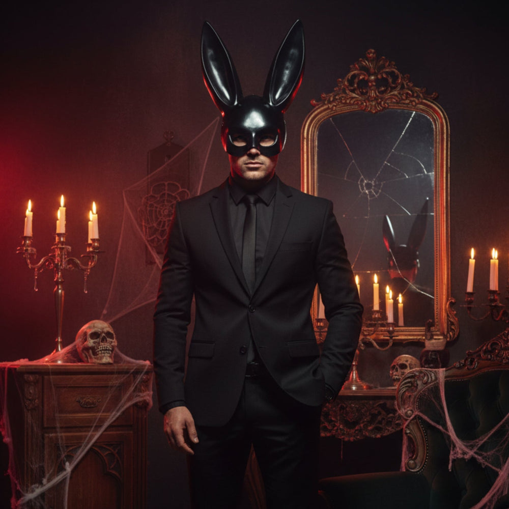 Schwarz-weiße Hasenmaske mit langen Ohren, ideal für Maskenball, Karneval, Fasching & Cosplay.