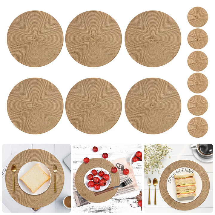 Runde geflochtene Tischsets, hitzebeständig & rutschfest. Ideal als Tischschutz & Esstisch-Dekoration in Küche.
