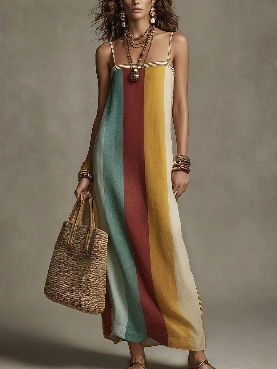 Elegantes gestreiftes Damen Maxikleid mit Spaghettiträgern, ein langes Sommerkleid ideal für Strand & Freizeit.