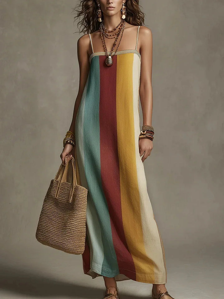 Elegantes gestreiftes Damen Maxikleid mit Spaghettiträgern, ein langes Sommerkleid ideal für Strand & Freizeit.