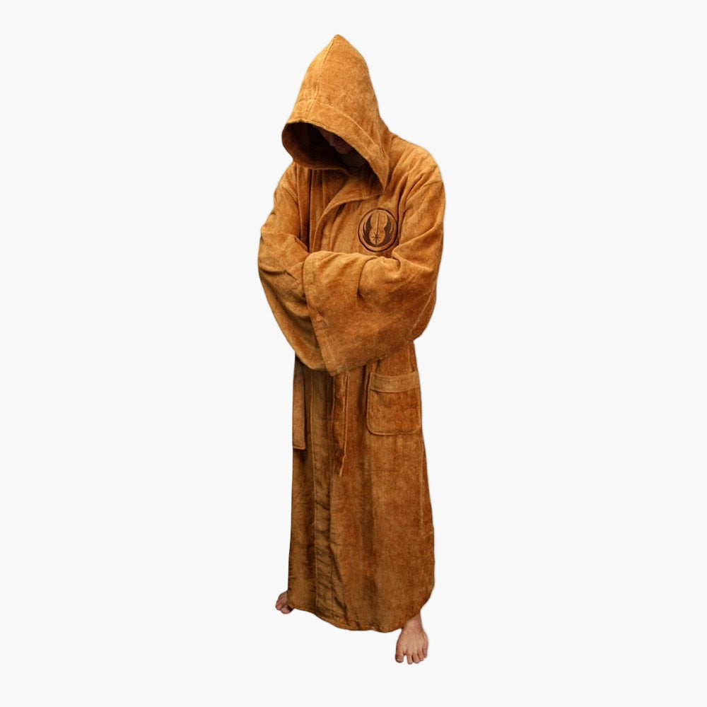 Bequemer Herren Bademantel im Cosplay-Stil, extralang mit Kapuze. Perfekt für Jedi & Sith Fans.