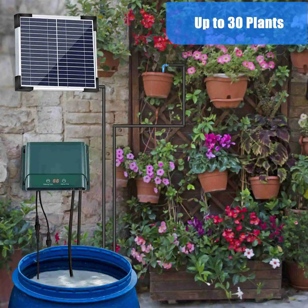 Detailansicht des AquaFlow Solarpaneels und der Steuerungseinheit für smarte Garten- und Terrassenbewässerung.
