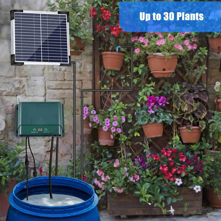 Detailansicht des AquaFlow Solarpaneels und der Steuerungseinheit für smarte Garten- und Terrassenbewässerung.