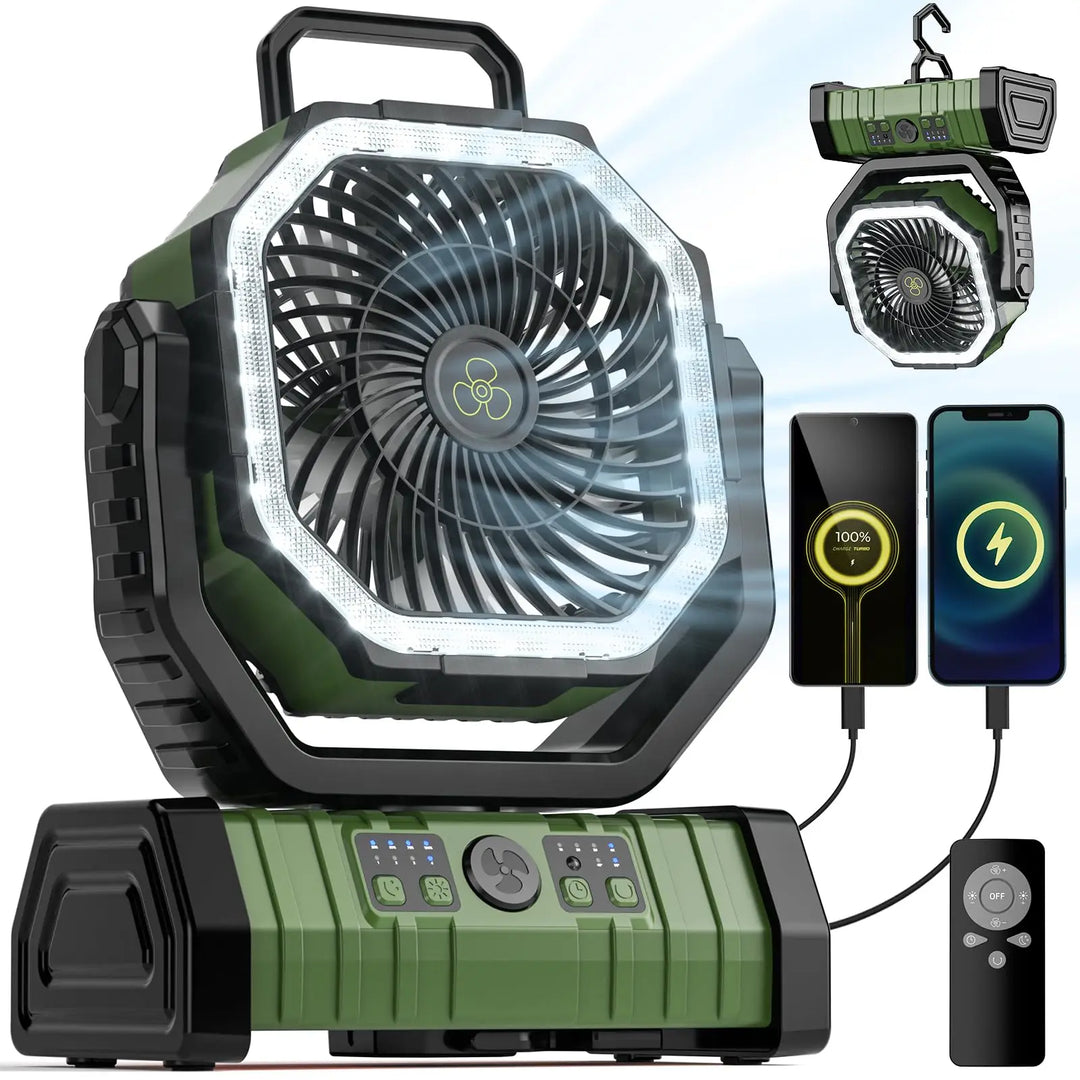 Tragbarer Camping-Ventilator AirMate mit 20.000mAh Akku, LED-Licht & Fernbedienung für Outdoor-Zelten.
