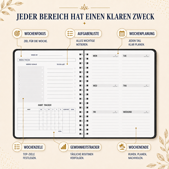Geschlossener Wochenplaner, Schwarz, mit stabilem Einband für unterwegs.