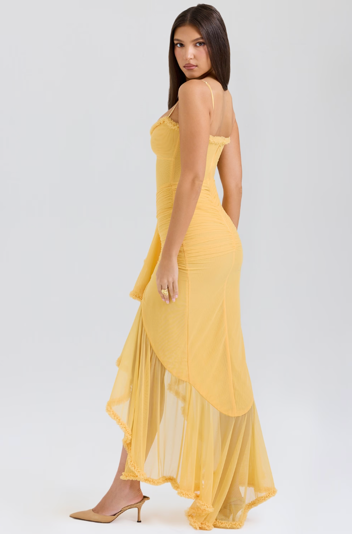 Hochwertiges Damen Maxikleid, gerüscht und lang, ideal für Hochzeitsfeiern oder Gala-Anlässe.