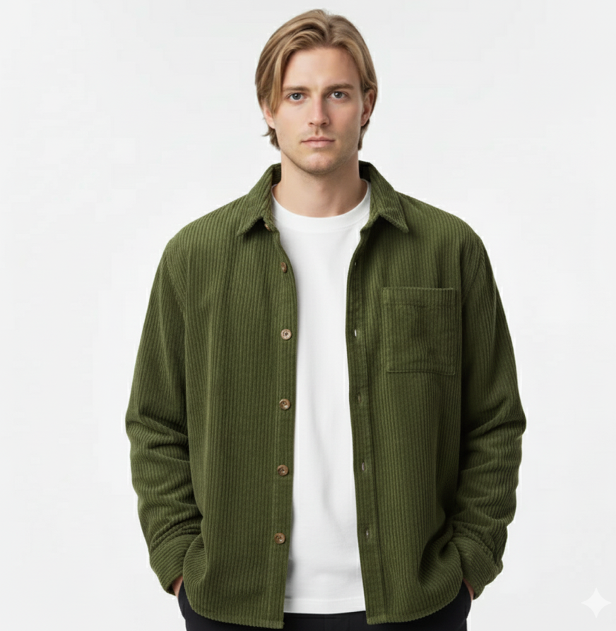 Beige Herren Overshirt-Jacke mit Kentkragen & Knopfleiste. Perfekte Herbstjacke für einen modernen Lagenlook.