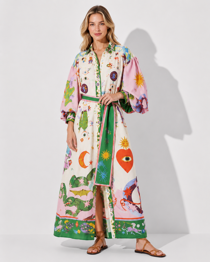Elegantes lila Retro Maxikleid für Damen, langärmlig, ideal als Abendkleid oder festliches Frühlingskleid.