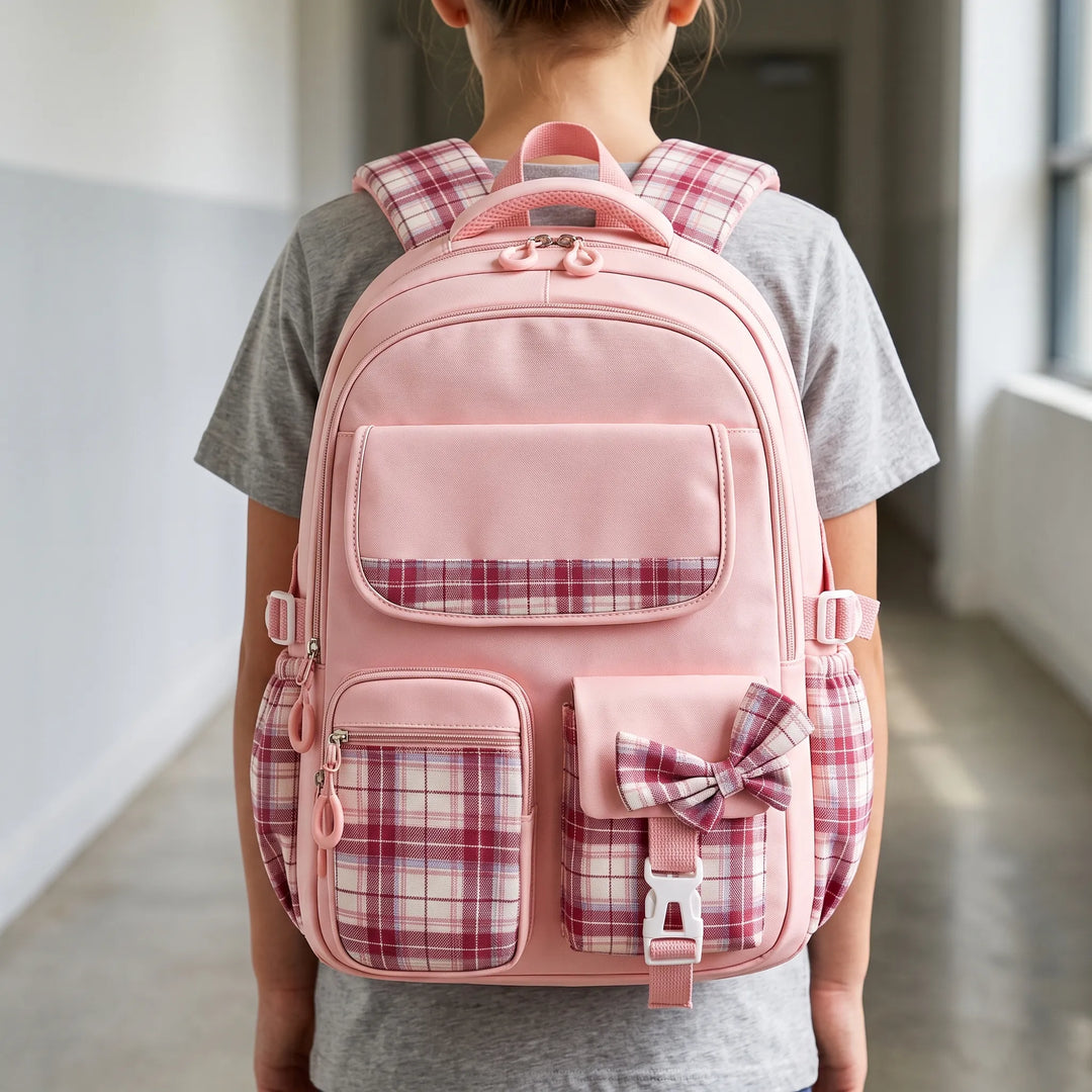 Ergonomischer Schulrucksack für Grundschule mit Karomuster, ideal für Kinder, wasserabweisend, Polyester.