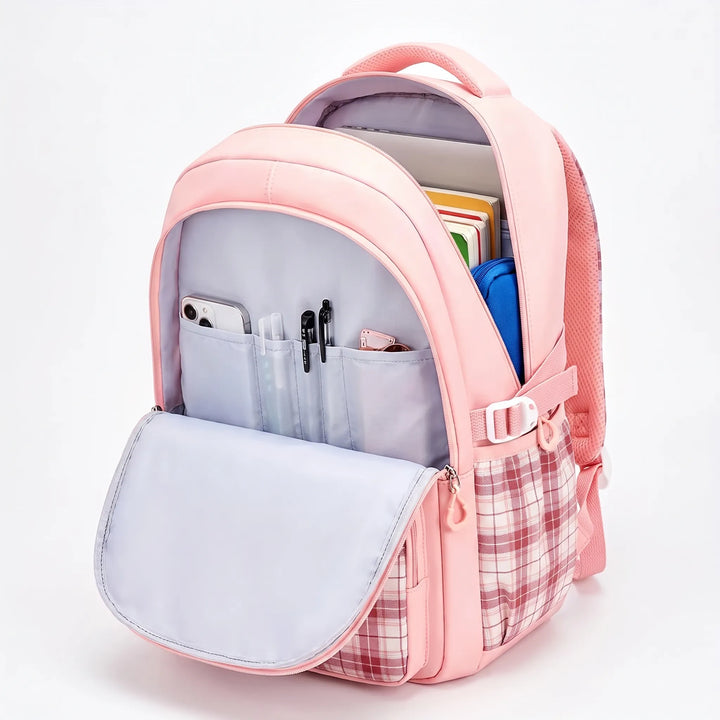 Bequemer Schulranzen aus Polyester für Grundschüler, wasserabweisend und ergonomisch geformt, mit Karomuster.